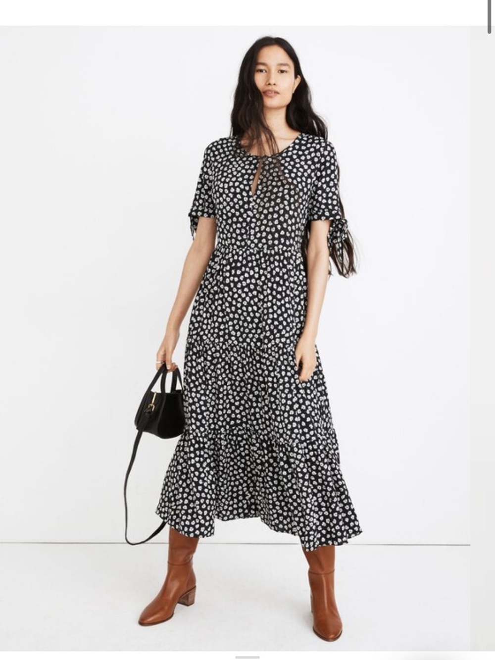 Madewell Tie-Sleeve Tiered Midi Dress in Woodcut Flowers